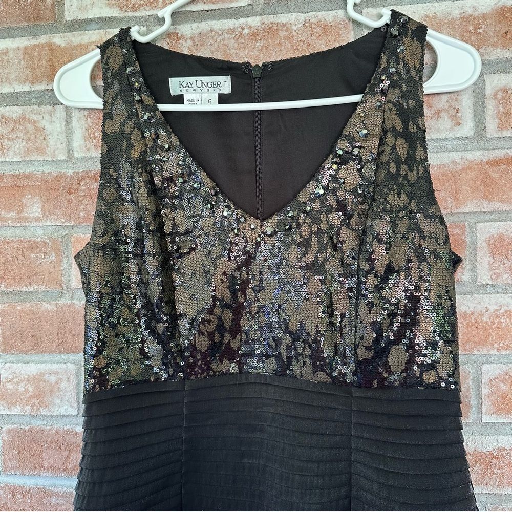 Kay Unger Sequin Beaded Cocktail Sheath Dress Women’s 6 Black Tan - Picture 2 of 9